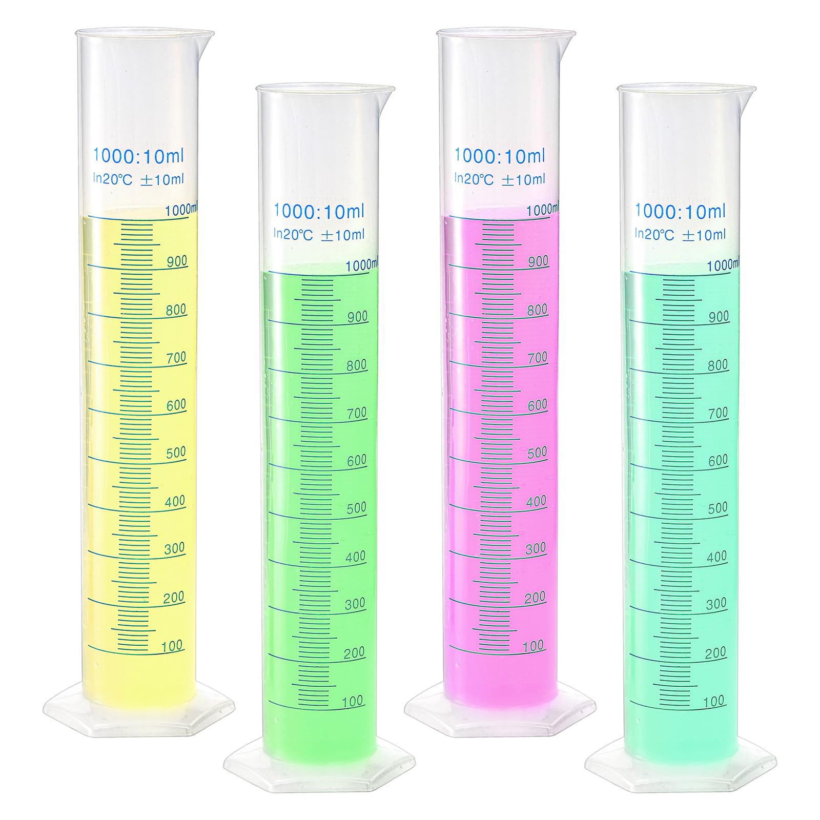 Photo 1 of Bekith 4 Pack 1000ml Plastic Graduated Cylinder with Stable Base, Plastic Measuring Cylinder 2-Sided Marking Lab Cylinders, Clear Measuring Cylinder for Science Projects, Laboratory Supplies