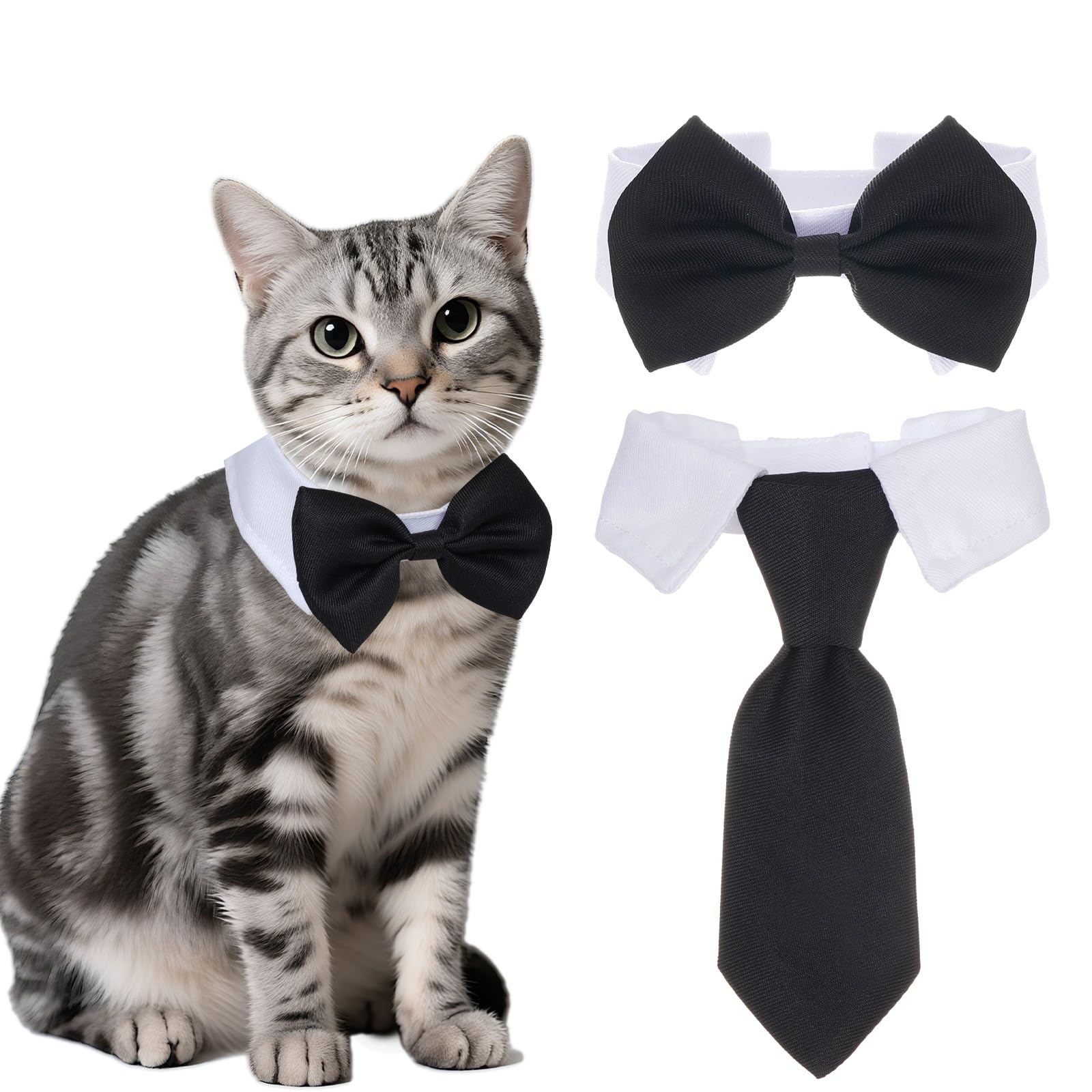 Photo 1 of 2Pcs Pet Cat Tuxedo Bow Tie Collar, Pets Adjustable Formal Necktie Collar for Cats Small Dogs Puppy Birthday Wedding Gift Costume Accessories