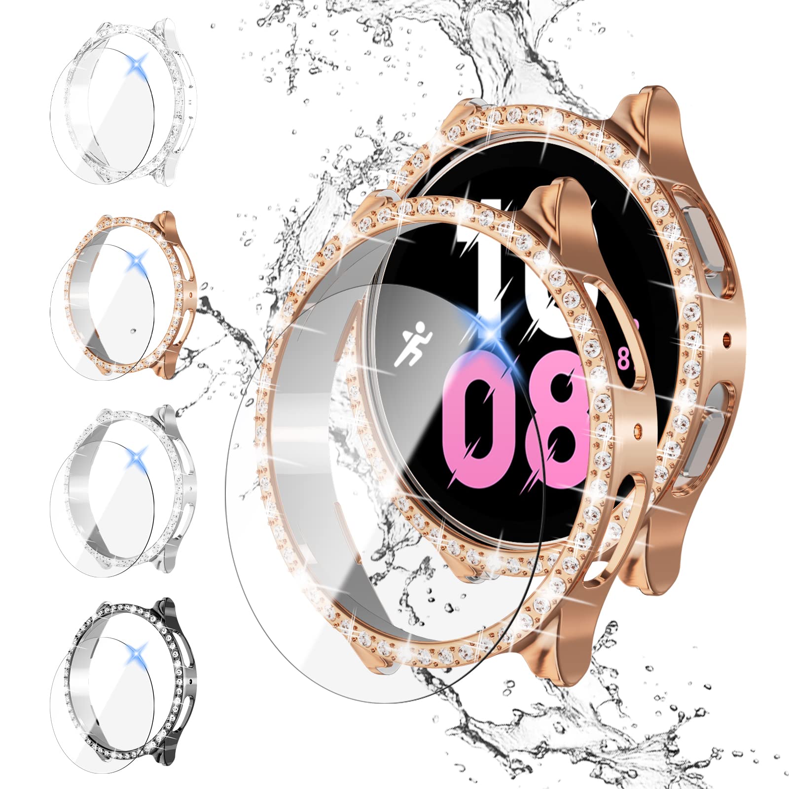 Photo 1 of [4+4 Pack] Bling Diamond Galaxy Watch 5/4 Case & Screen Protector 40mm, Anti-Fog Tempered Glass & Hard PC Bumper, Stylish Smartwatch Accessories for Women