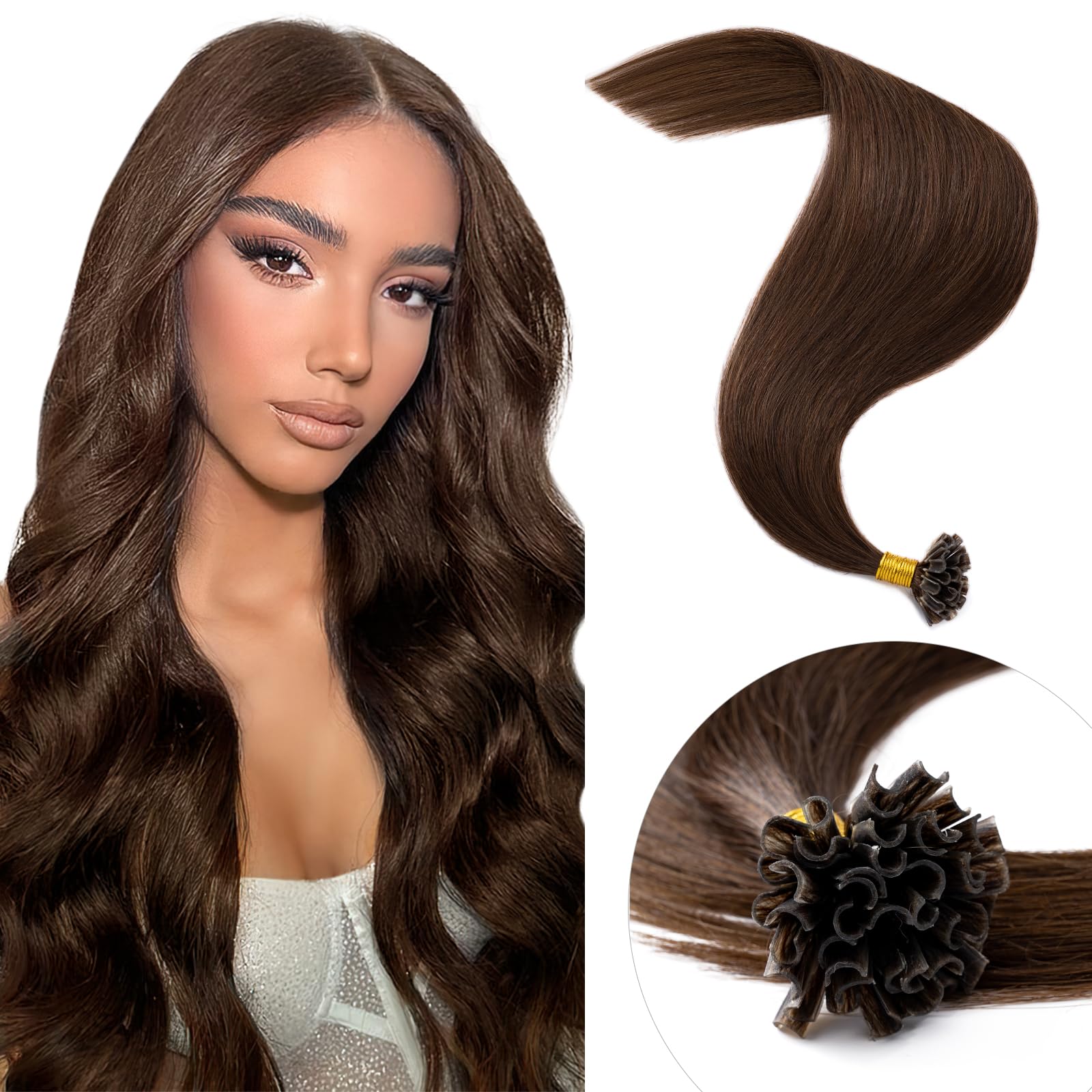 Elailite Pre Bonded Hair Extensions 1g 50 Strands - 100% Real Remy Human Hair Straight U Tip Keratin Extension (20"-50g, #4 Medium Brown)