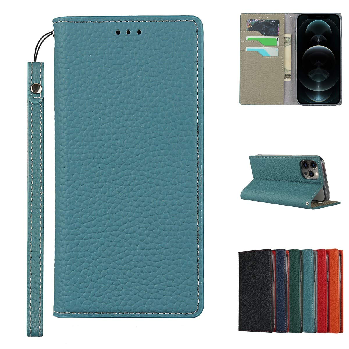 Copmob Case Compatible for iPhone 12/12 Pro With Card Holder With Strap,Genuine Leather Flip Wallet Case,[3 Slots][Magnetic Closure][RFID-Blocking],Phone Case Cover for iPhone 12/12 Pro - Sky Blue