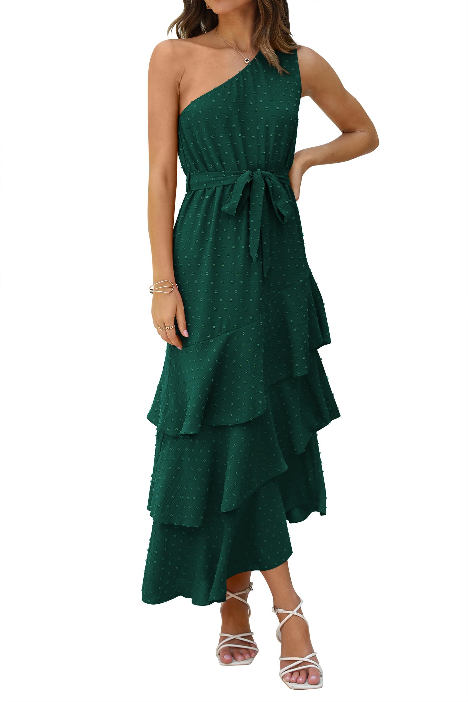Photo 1 of PRETTYGARDEN Women's Summer Floral Sundress Casual One Shoulder Tiered Ruffle Flowy Midi Beach Boho Dresses (Swiss Dot Dark Green,Large)