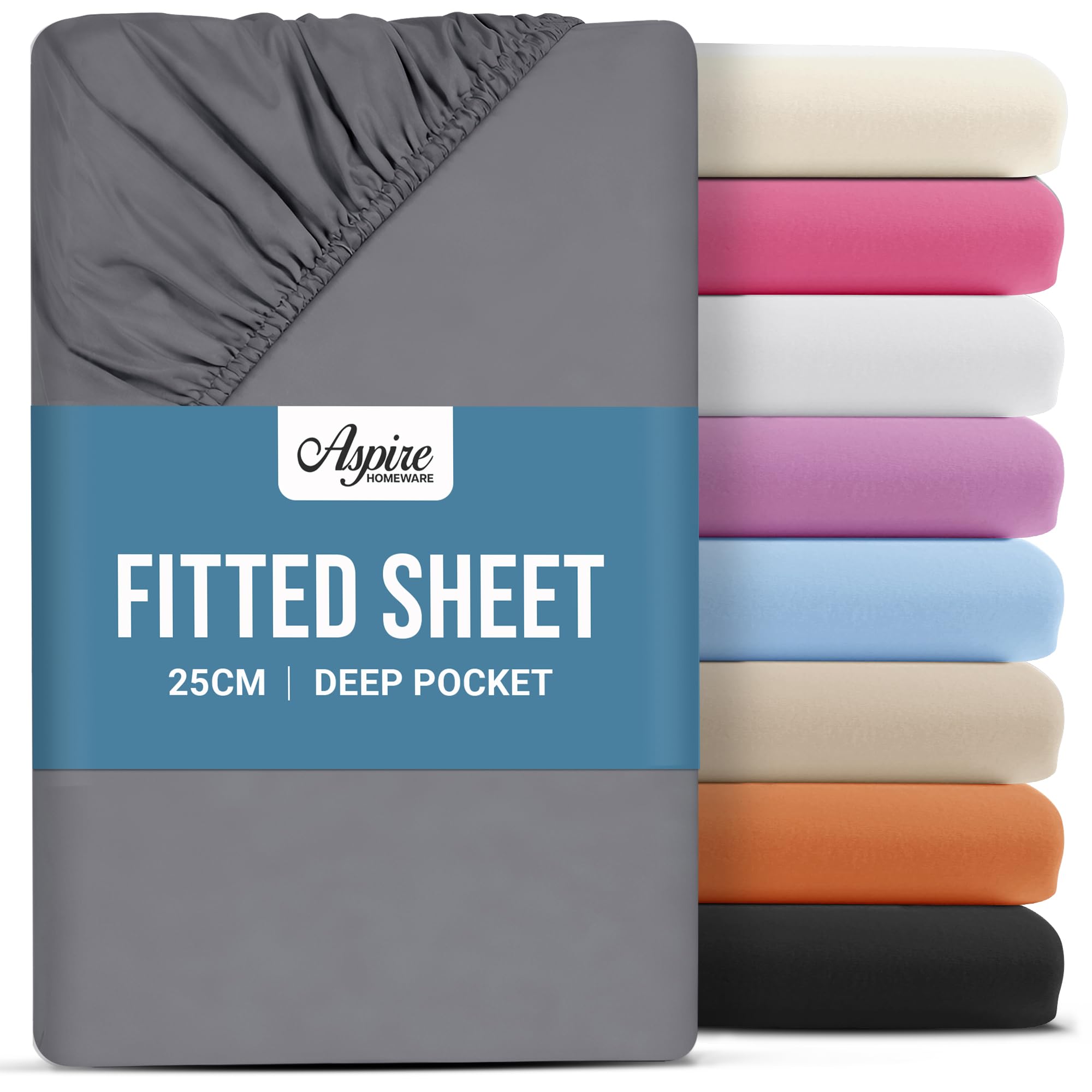 Aspire Homeware Double Fitted Sheet - 25 cm Deep Hotel Quality (Grey) Bed Sheets - Soft & Breathable Fitted Bed Sheets Double - Anti-Wrinkle Easy Care Fitted Sheets