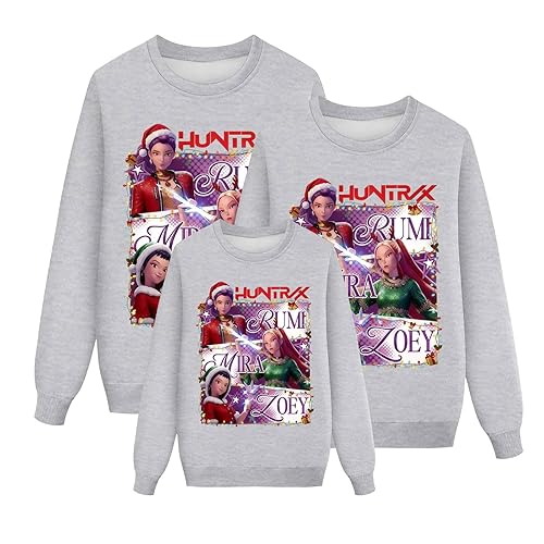 K pop Demon Hunters Christmas Jumpers,Cute Cartoon Print Long Sleeve Christmas Sweater Family Set,H-Huntrix Music Party Family Matching Xmas Jumpers, Funny Xmas Jumper Sweatshirts