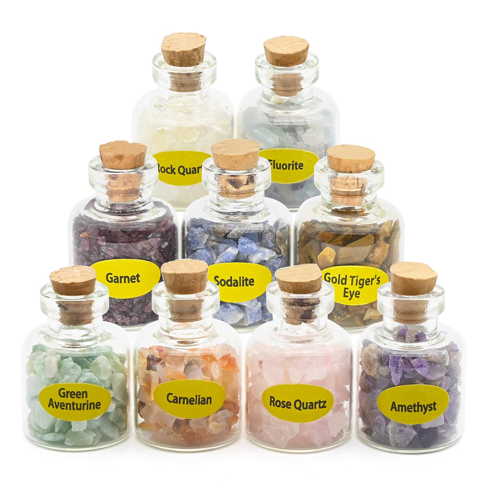 CECOMBINE 9 Mini Crystals Gemstone Bottles, Healing Crystal Tumbled Stones Collection Kit Natural Quartz Gravel Wishing Bottle, Home Craft Bottles for Reiki, Healing, Meditation, Chakra