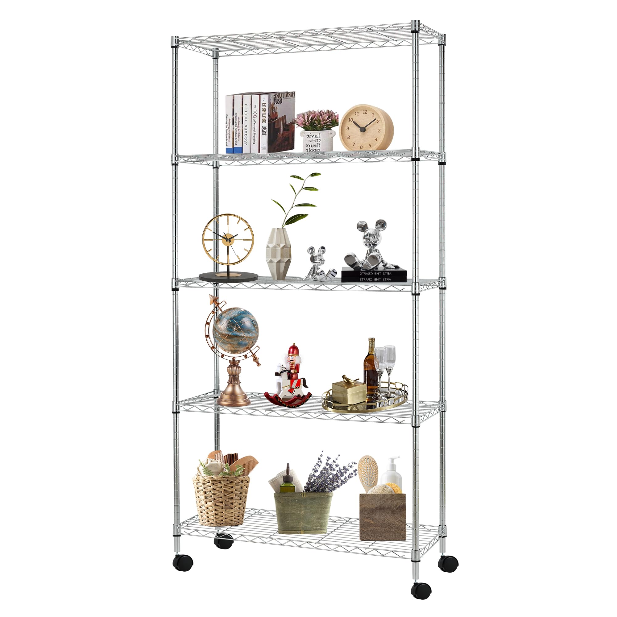 FDW | 5-Tier Wire Storage Shelves with Wheels | 30"x14"x61" | Chrome | Adjustable Racks | Heavy-Duty Metal Shelf, Holds Upto 220 lbs | Tool-Free Assembly, Rust-Resistant | for Home & Garage Shelving Image