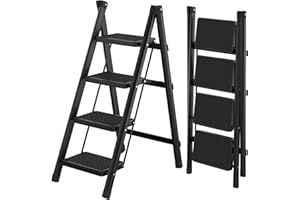 STAFOPO Step Ladder 4 Step Folding, Sturdy 350LBS Steel Foldable Ladder Step Stool for Adults with Wide Anti-Slip Pedal, Heavy Duty 4 Step Kitchen Ladder Closet Step Stool Ladder Library Ladder, Black