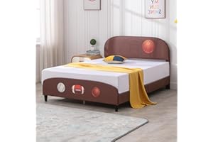 PUREMIND Twin Bed Frame for Kids, Wood Upholstered Bed Frame with Slat Support, Children Bed Frame with PVC Tufted Headboard for Boy & Girl, No Spring Box Needed, Fits Standard Mattress-Rugby2 Twin