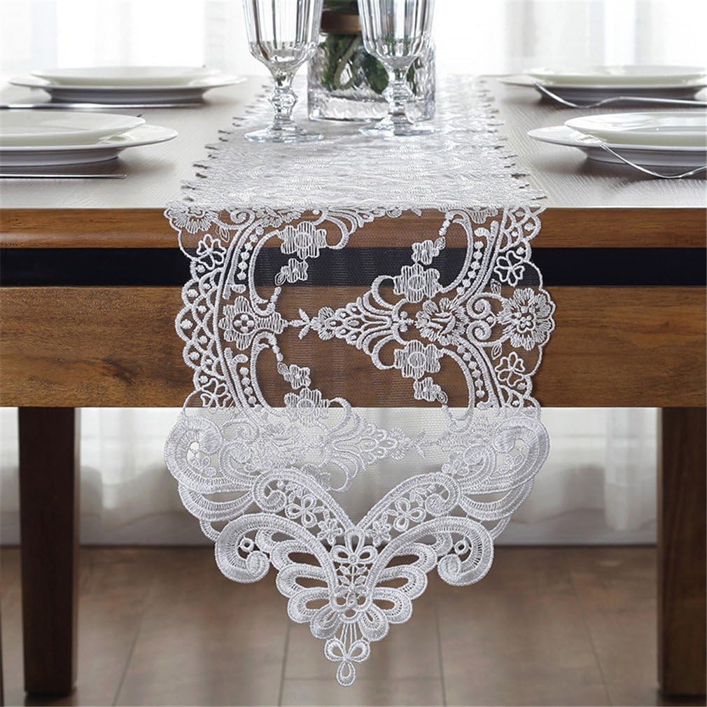 TaiXiuHome White European Embroidery Lace Table Runner Translucent Gauze for Outdoor Wedding Party Decoration 10.2 x 70.8 inches(26 x 180cm)