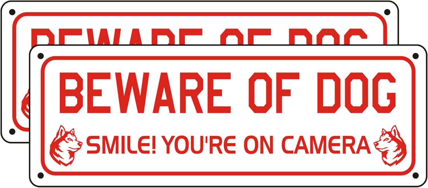 Yard Signs - Beware of Dog Sign for Fence and Yard (2 Pack) Smile You are on Camera Aluminum Metal Warning Signs for House Indoor or Outdoor Use for Fence Door or Gate (10 x 3.5 inches)