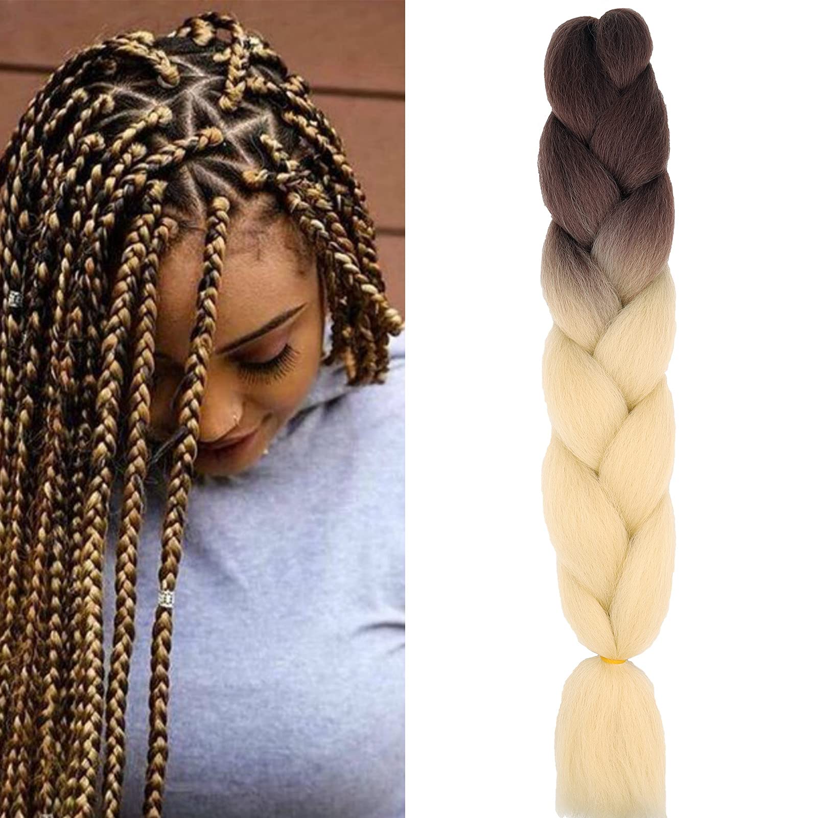 Cybelleza 24" Jumbo Braids Synthetic Crochet Hair Afro Box Braid Heat Resistant (Brown&Beige)