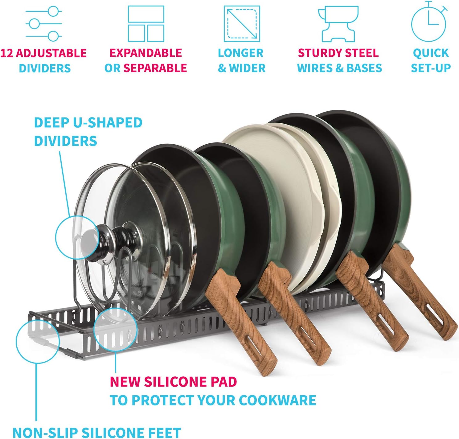 BTH 12+ Expandable Pan & Pot Lid Organizer Rack : Total 12 Adjustable Compartments, Store All Shapes of Lid Handles Securely, Kitchen Cabinet Countertop (Dark Gray) -
