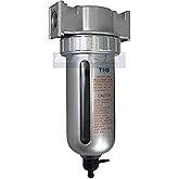 MID FLOW PARTICULATE FILTER/WATER TRAP FOR AIR COMPRESSOR COMPRESSED AIR LINES, 5u WITH POLY BOWL AND METAL BOWL GUARD (3/8" NPT)