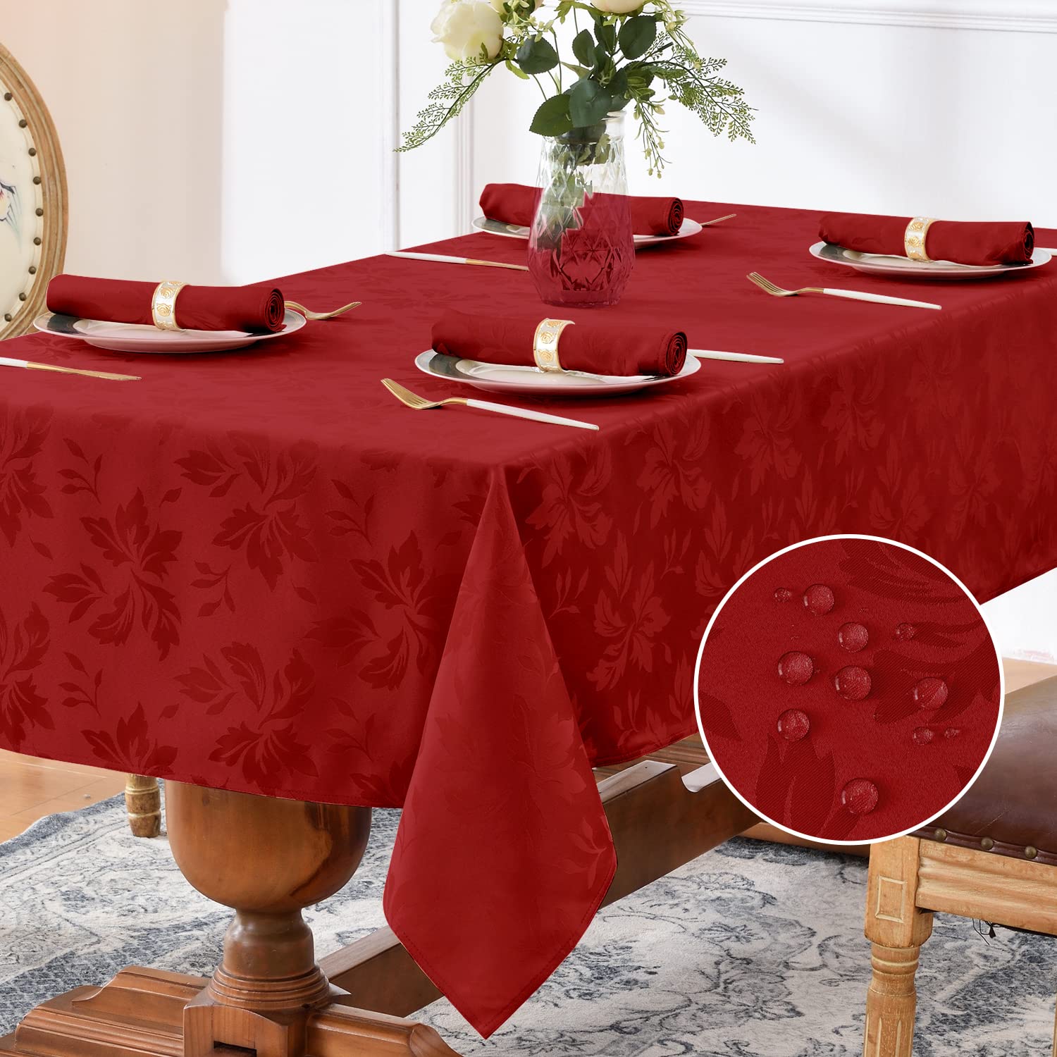 Photo 1 of Romanstile Christmas Jacquard Rectangle Tablecloth - Winter Waterproof Damask Floral Decorative Table Cloths Heavy Weight Fabric Table Covers for Dinner/Parties/Holiday - 60 x 84 Inch, Red