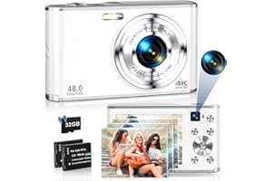 TEBNGIHNM Digital Camera 4K 48MP Autofocus Vlogging Camera with Rear and Front Camera for Photography, 16X Digital Zoom Point and Shoot Cameras with 32GB Card & 2 Batteries Camera for Boys Girls Kids - White