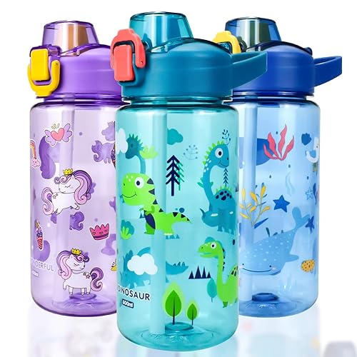 Kids Water Bottle With Straw, 600ml Toddler Drinks for School, Leakproof Children's BPA-Free Tritan Sport Bottle for Girls Boys