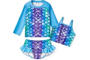 LQSZ Girls Rash Guard Sets Long Sleeves Swimsuit 3 Pieces Tankini Bathing Suit Swimwear for Girls 3-12 Years