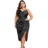 KIMCURVY Women's Plus Size Satin Dress Ruched Spaghetti Strap Cowl Neck Midi Party Cami Dress for Cocktail Party