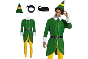 Men's Christmas Elf Costume Santa Helper Outfit - Deluxe Green Jacket & Pants with Hat for Holiday Party Cosplay