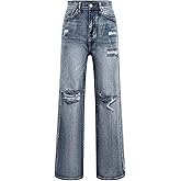 Women's High Waisted Boyfriend Jeans - Distressed Denim, Stretch Casual Blue Jeans with Frayed Hem for Everyday Wear