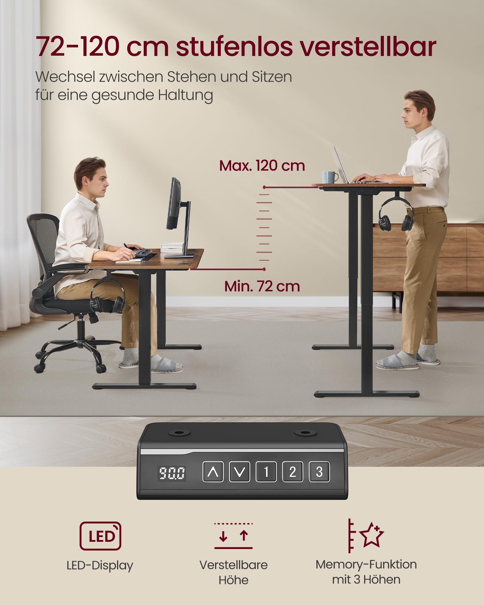 VASAGLE Höhenverstellbarer Schreibtisch elektrisch, Tischgestell, Schreibtischständer, ohne Tischplatte, mit 2 Haken, Memory-Funktion mit 3 Höhen, Stahl, tintenschwarz LSD021B01V2 4