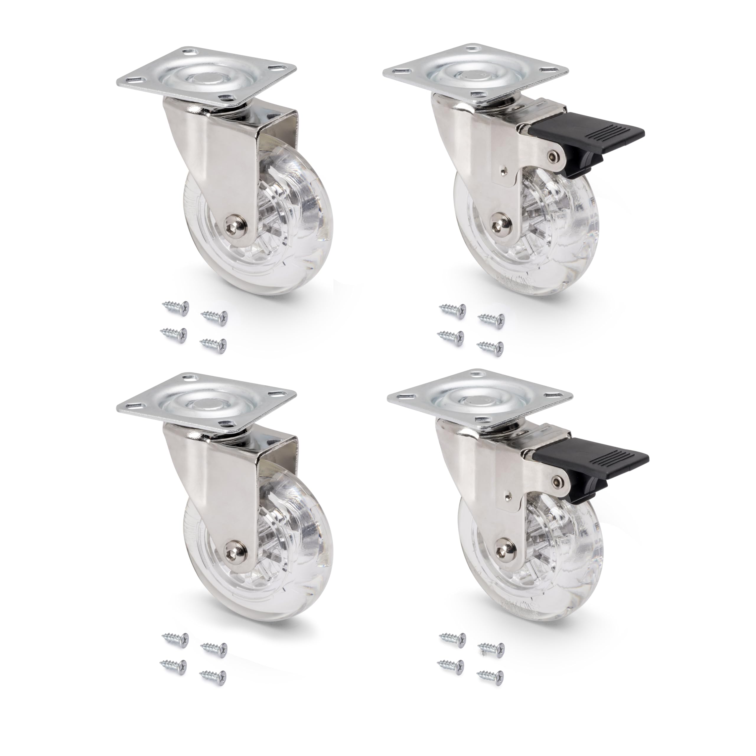 Emuca - Pack of 4 transparent swivel castors for furniture (2 with brake and 2 without brake) 75mm (2,9 inch) diameter with fixing plate and ball bearings