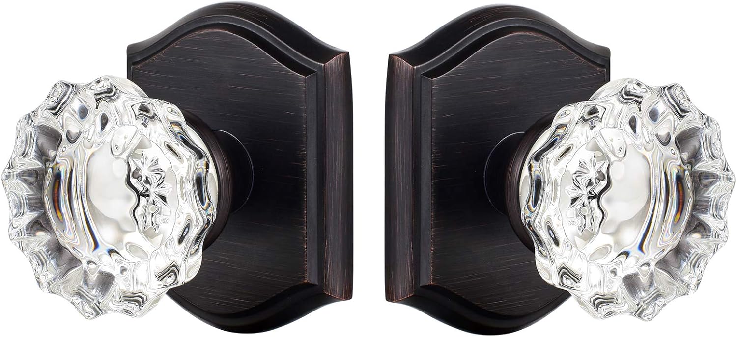 CLCTK 2 Pack Dummy Hall and Closet Door Knobs Oil Rubbed Bronze, Clear Crystal Glass Door Knobs
