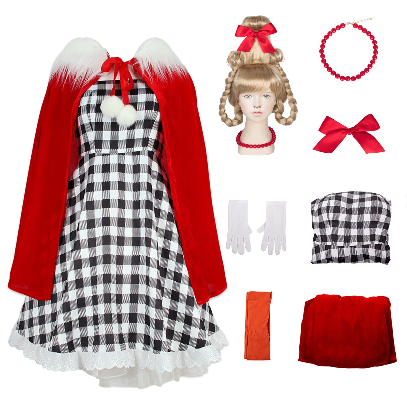 Photo 1 of (missing pieces) GOBWCOT 7pcs Cindy Lou Who Costume Adult Women Cindy Dress Cape Gloves Socks With Bow Necklace Christmas Halloween Cosplay Outfit (Red, XL)