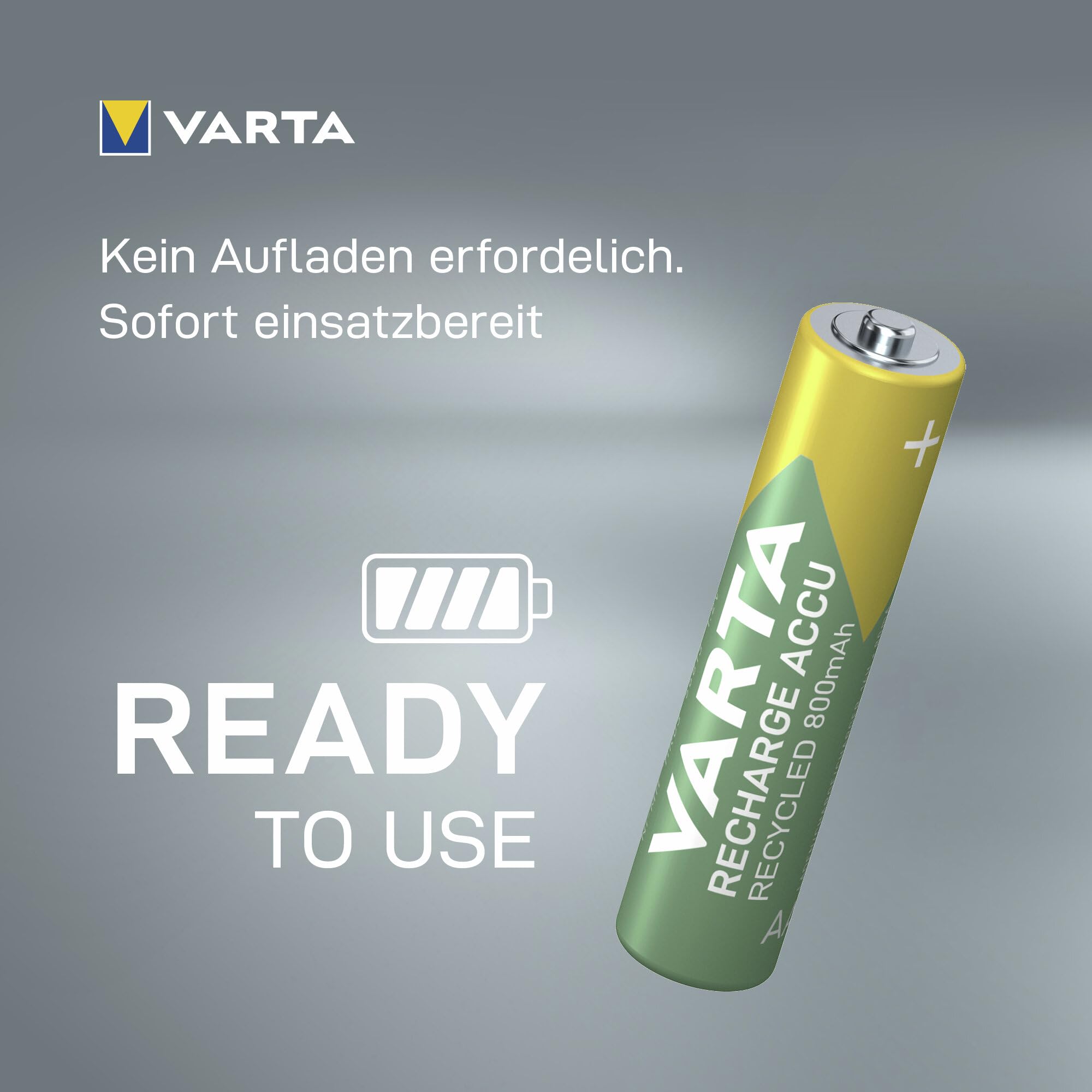VARTA Batterien AAA, wiederaufladbar, 4 Stück, Recharge Accu Recycled, 800 mAh Ni-MH Akku, aus 25 % recyceltem Material, vorgeladen, sofort einsatzbereit 6