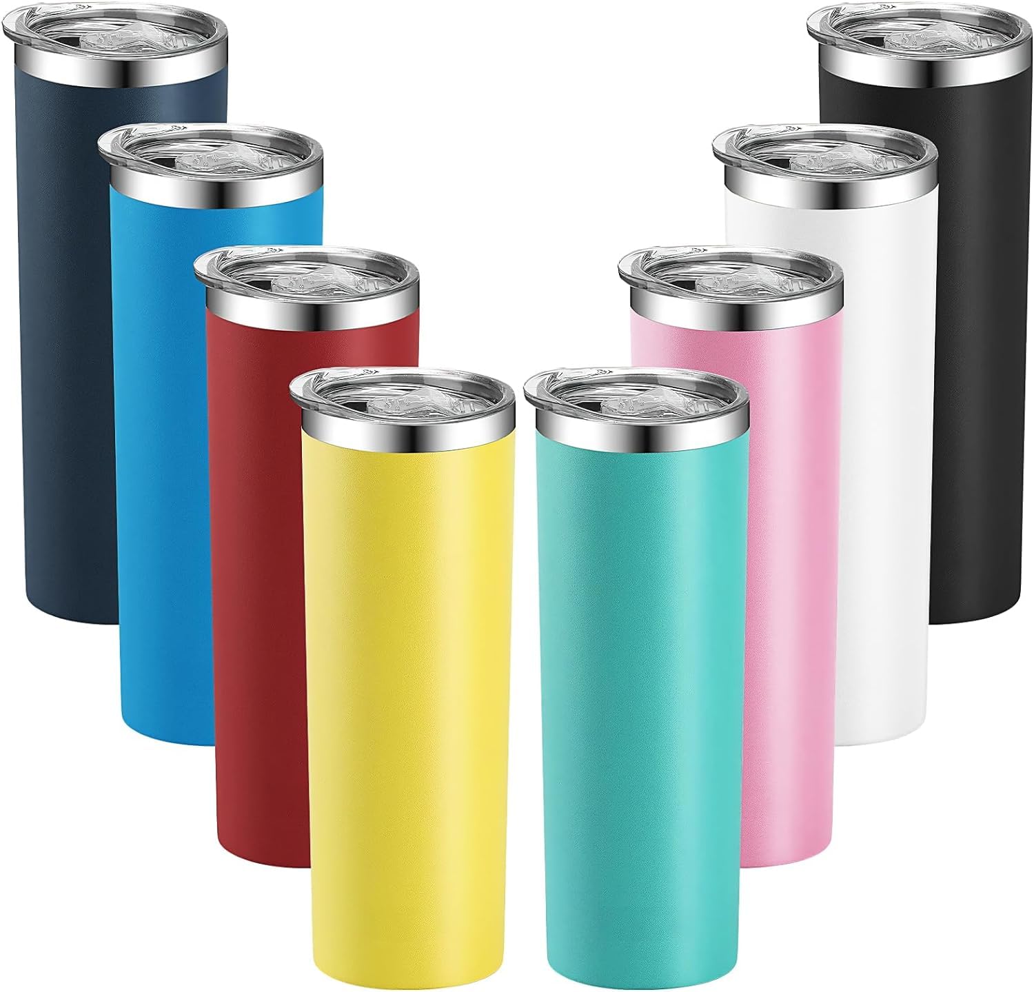 TESIN Skinny Tumblers,8 Pcs 20 Oz Stainless Steel Tumbler Bulk with Lids Bulk,Blank Slim Vacuum Insulated Cup Double Layer Water Reusable Travel Coffee Mug for DIY Cold Hot Drinks