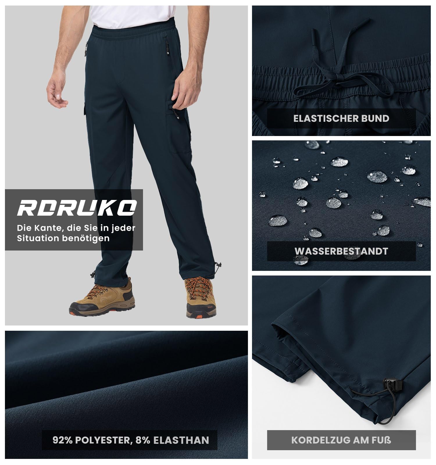 Rdruko Wanderhose Herren Sommer Leichte Cargohose Stretch Outdoorhose Wasserdicht Trekkinghose Schnelltrocknend für Männer mit 5 Taschen (Dunkelblau L) 6