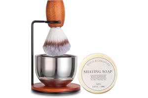 JEQUIL&CORENVEO Shaving Brush Set for Men, 4pcs Wooden Handle Shaving Brush with Shaving Soap, Stand and Steel Bowl
