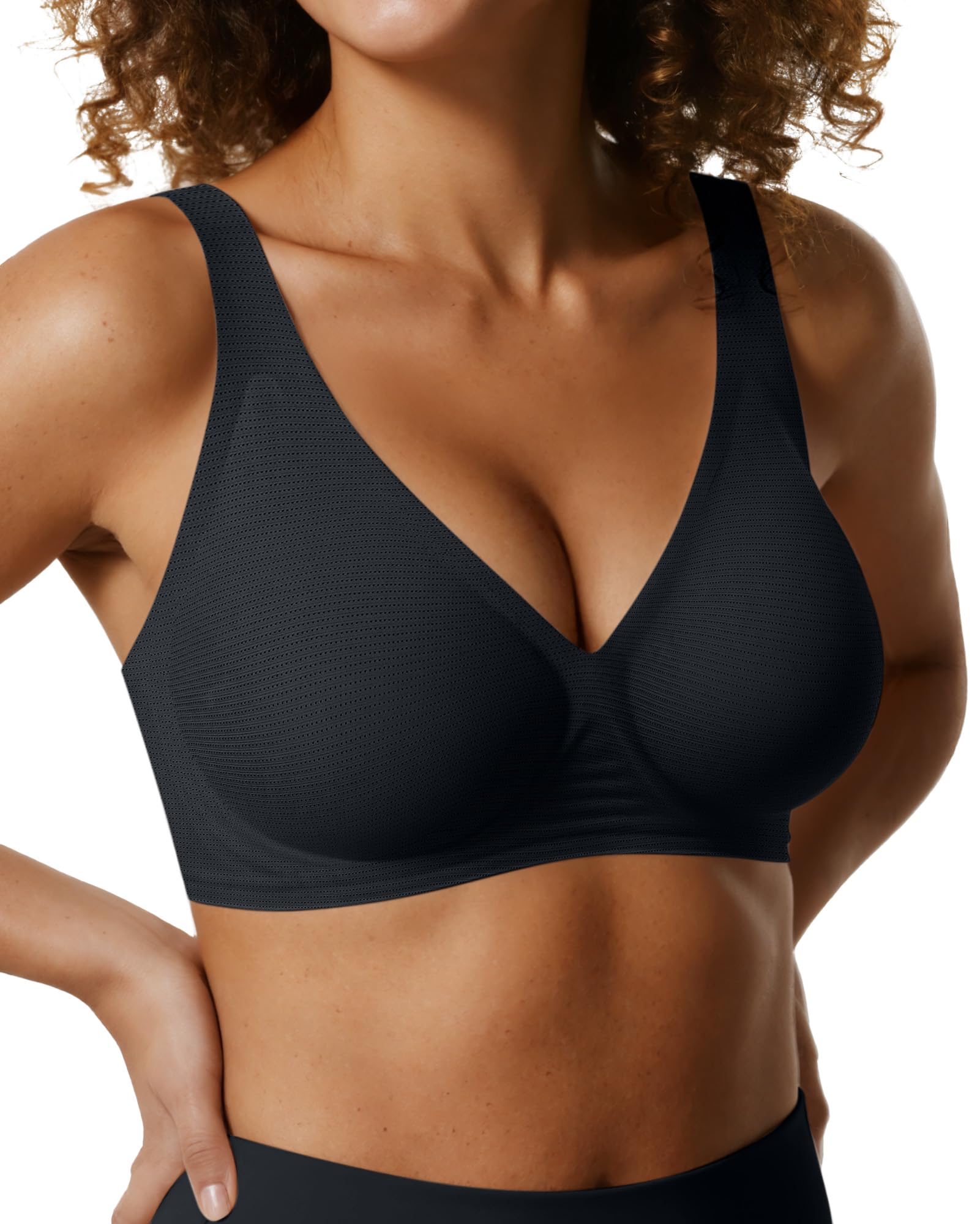 Photo 1 of OEAK Women's Deep V Bras Wireless Comfortable Bra Supportive No Underwire Bras T-shirt Push Up Bralettes Plunge Seamless Bra Cool Black 3XL