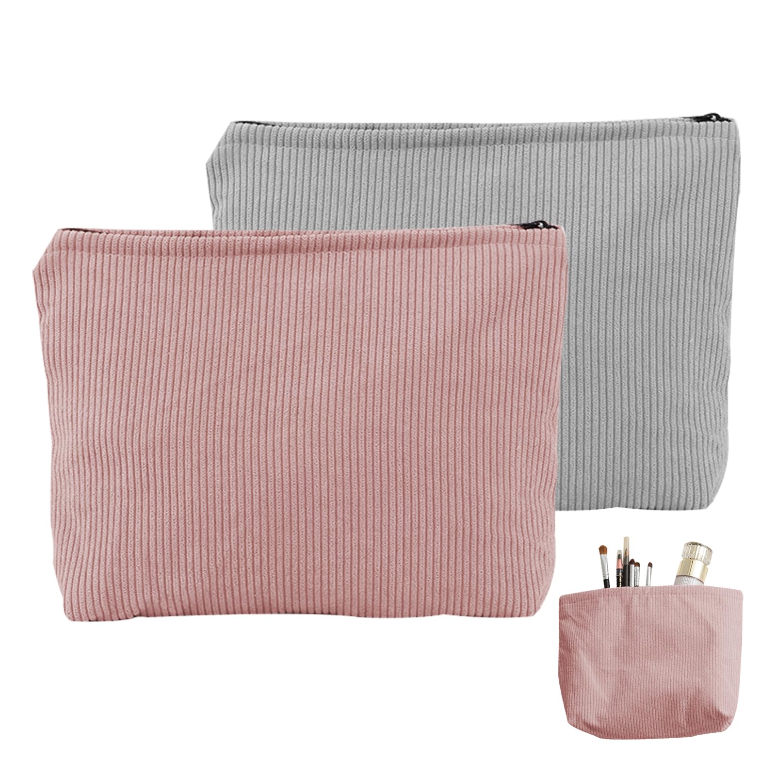 FOSDICK 2 Pieces Makeup Bag, Corduroy Make Up Bag, Small Cosmetic Bags, Travel Cosmetic Bag, Makeup Bags with Metal Zipper, Make Up Pouch for Skin Care Products, Cosmetics, Toiletries(Grey,Pink)