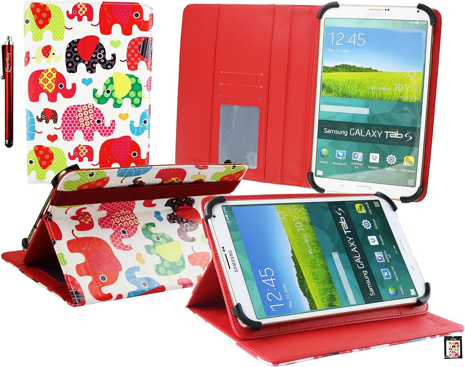 Emartbuy Universal 7-8.8 Inch Multi Coloured Elephants Multi Angle Folio Wallet Case Cover With Card Slots and Stylus Pen Compatible With Selected Devices Listed Below