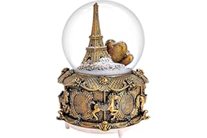 IUXROBU LED Music Snow Globe Vintage Eiffel Tower Buildings Embedded Carousel Retro Home Decoration for Book Shelf Cabinet Floating Board Office Desk Table Top Decor Centerpieces Ornament (Gold)