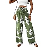 WDIRARA Women's Boho Floral Print Wide Leg Pants Smocked Drawstring High Waisted Trousers
