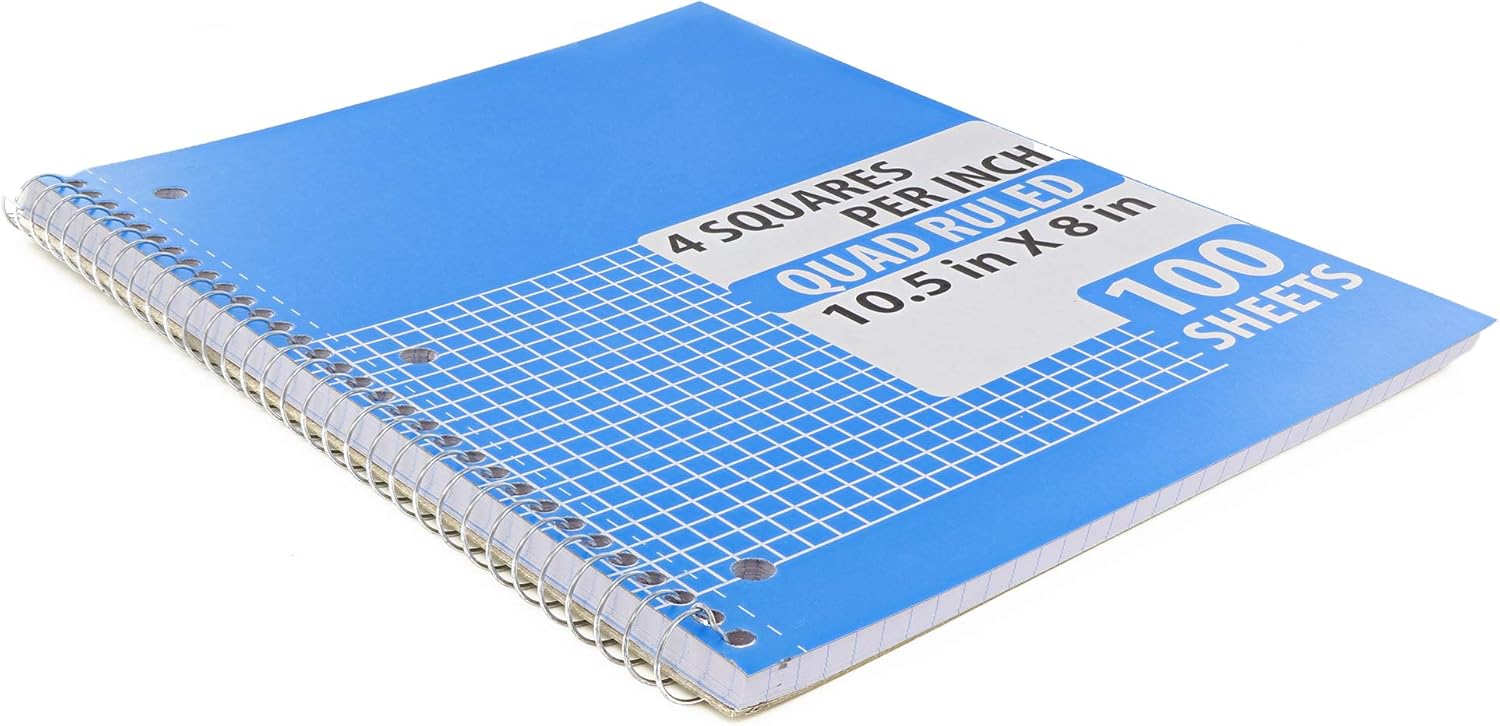Emarw Spiral Notebooks Quad Ruled Heavy Duty White Paper 100 Sheets Assorted Colors Water Resistant Covers Protect Your Notes 3-hole punched for Ring Binder (Pack of 4) : Office Products