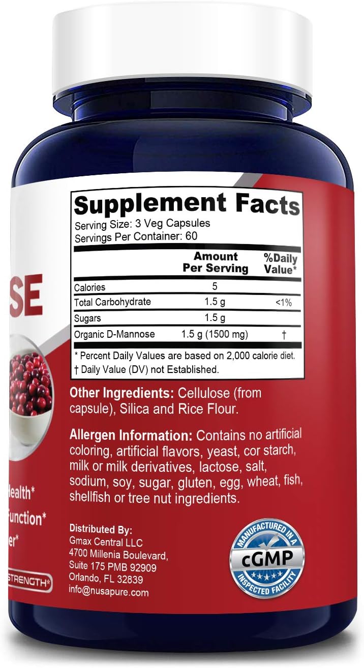 D-Mannose 1500 mg per Serving - 180 Vegetarian Capsules (Non-GMO & Gluten-Free).with Organic D-Mannose: Health & Personal Care