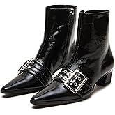Vaslemuse Women Booties Buckle Ankle Boots Kitten Low Heel Eyelet Booties Sexy Pointy Toe Fashion Dress Short Boots with Zips
