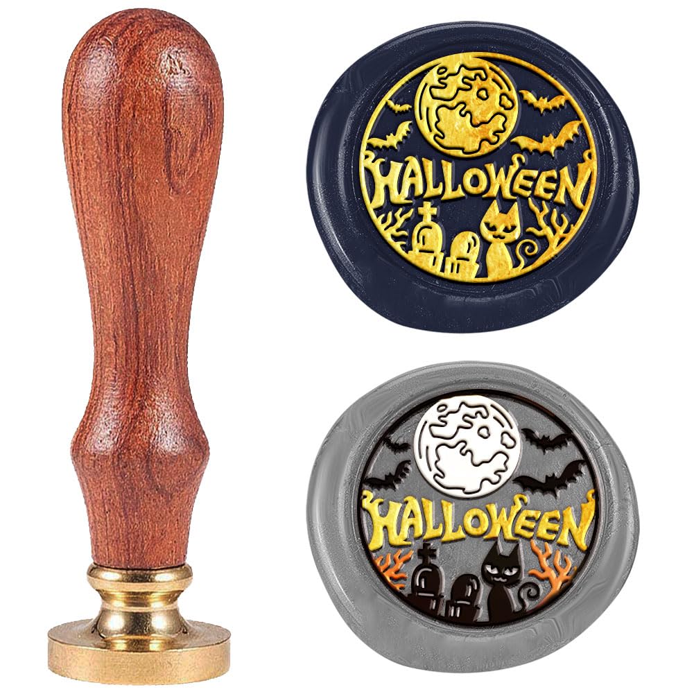 DELORIGIN Halloween Wax Seal Stamp Vintage Sealing Stamps 1" Removable Brass Head Seal Stamp with Wooden Handle for Envelope Greeting Card Letters Wedding Halloween Invitations Bottle Gift Wrapping