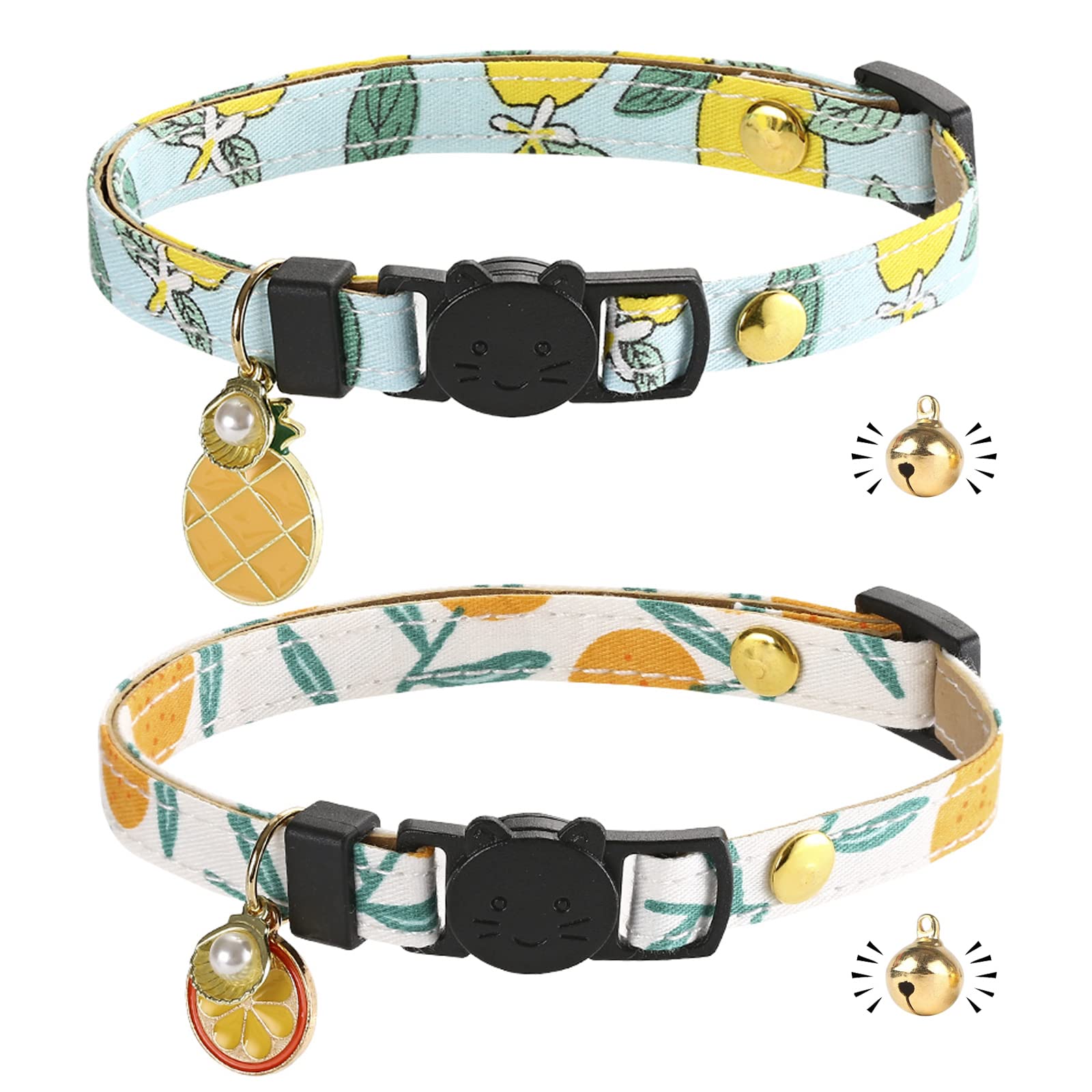 Gienxias Cat Collar Quick Release, Breakable Kitten Collar with Gold Balls, Hand Made Leather Cat Collars, Japanese Design, Adjustable Collar for Girl Boy Male Female Cat 2 Pack (Fancy Fruit)