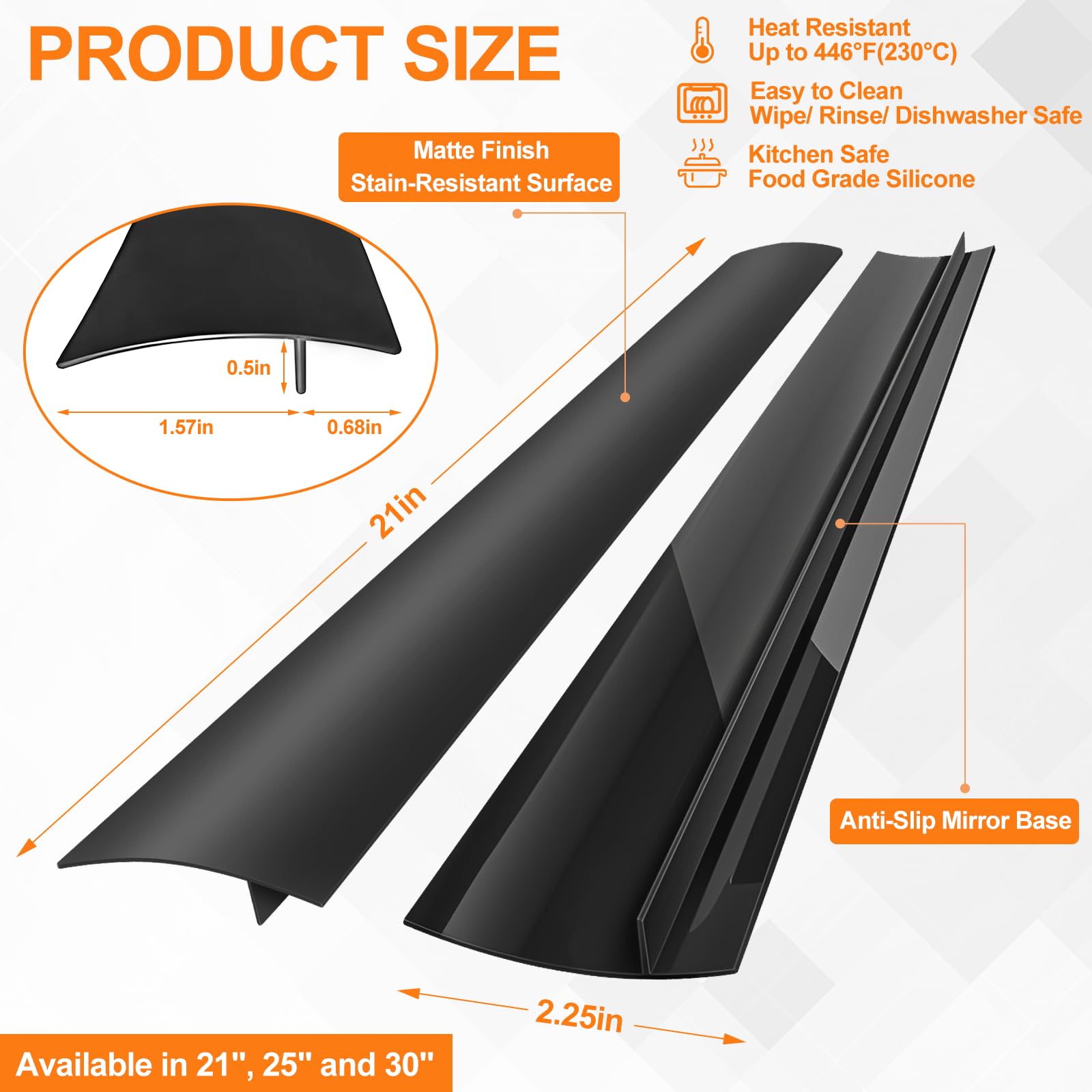 FLSEPAMB Silicone Stove Gap Covers, 2 Pack Heat Resistant Oven Gap Filler Seals Gaps with Anti-Slip Mirror Base, Stain Resistant Stove Counter Gap Cover Silicone Strips Between Stovetop and Counter