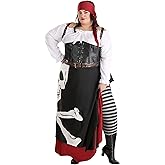 Women's Plus Size Pirate Halloween Costume | Complete Adult Pirate Outfit w/Blouse, Corset, Skirt, Leggings, & Accessories