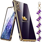 Nonional for Samsung Galaxy S20 FE 5G Case with Phone Lanyard Wrist Strap [Butterfly Shape], Luxury Double Heart Pattern Plating Gold Edge Slim Soft Phone Cover Case for Galaxy S20 FE - Purple