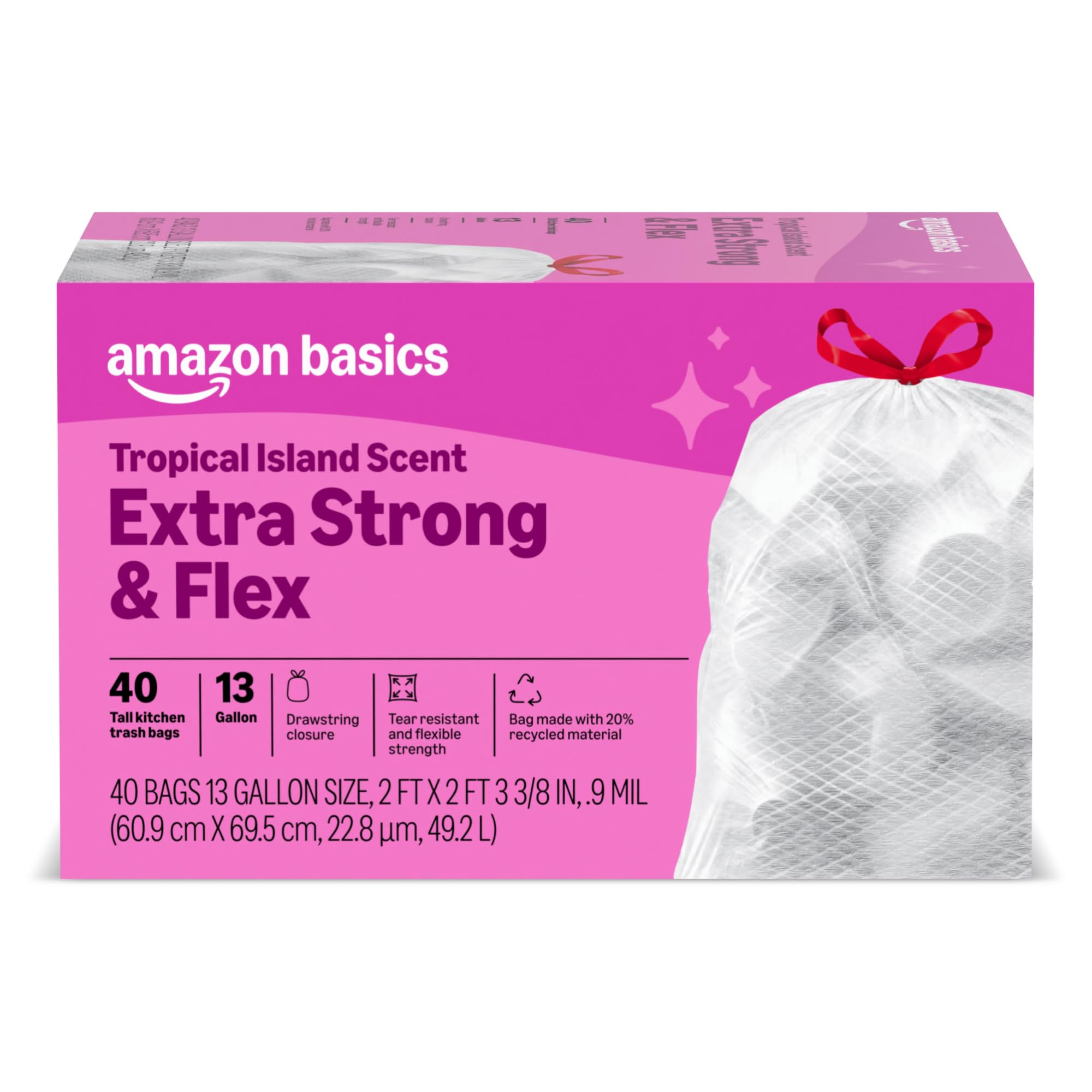 Amazon Basics Extra Strong & Flex Tall Kitchen Drawstring Trash Bags, Tropical Island Scent, 13 Gallon, Tear Resistant with Odor Control, 40 Count