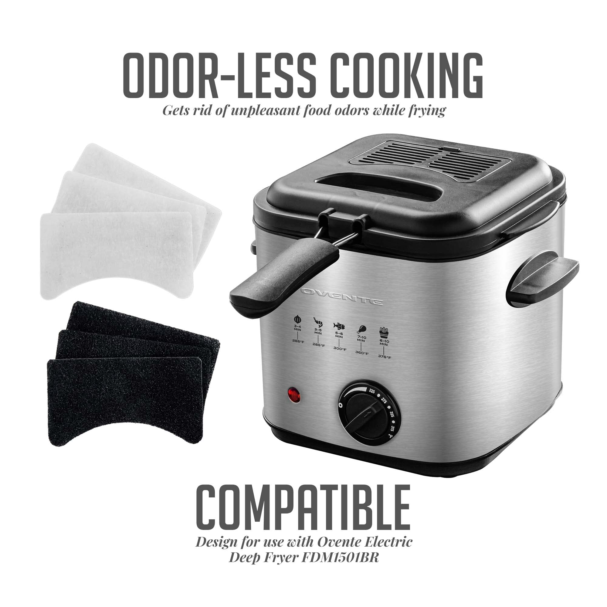 OVENTE Charcoal and Oil Vapor Replacement Filter Set Compatible with 1.5L Electric Deep Fryer FDM1501BR, 3-Pack Odor-Reducing Filters for Cleaner, Safer Home Frying, Black & White ACPFDM1503