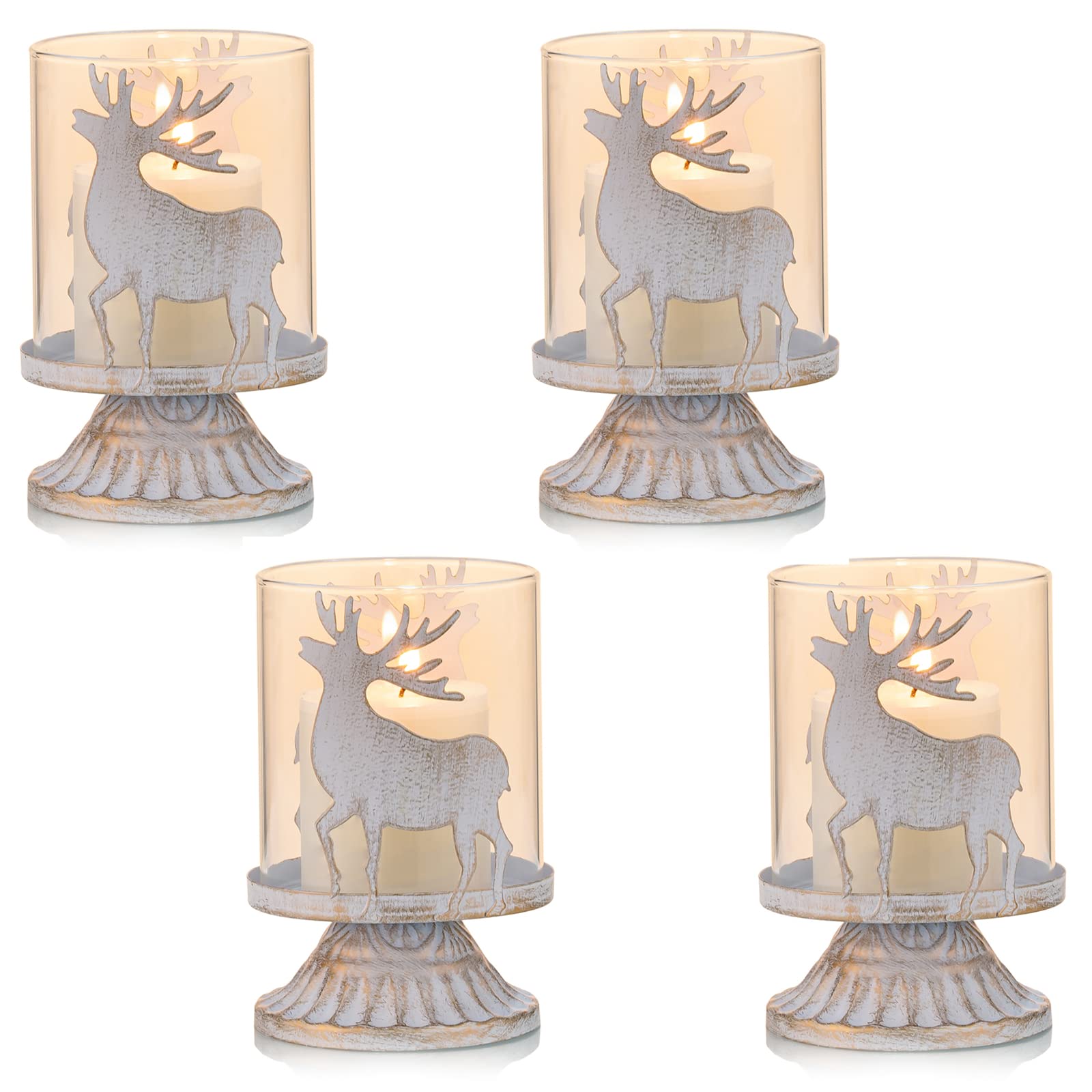 Sziqiqi Vintage Antique Metal Pillar Candle Holders Set of 4, Distressed Hurricane Candlestick Candle Holders Prefer Centerpieces for Christmas Table Mantle Fireplace Decoration, Deer-4Pcs