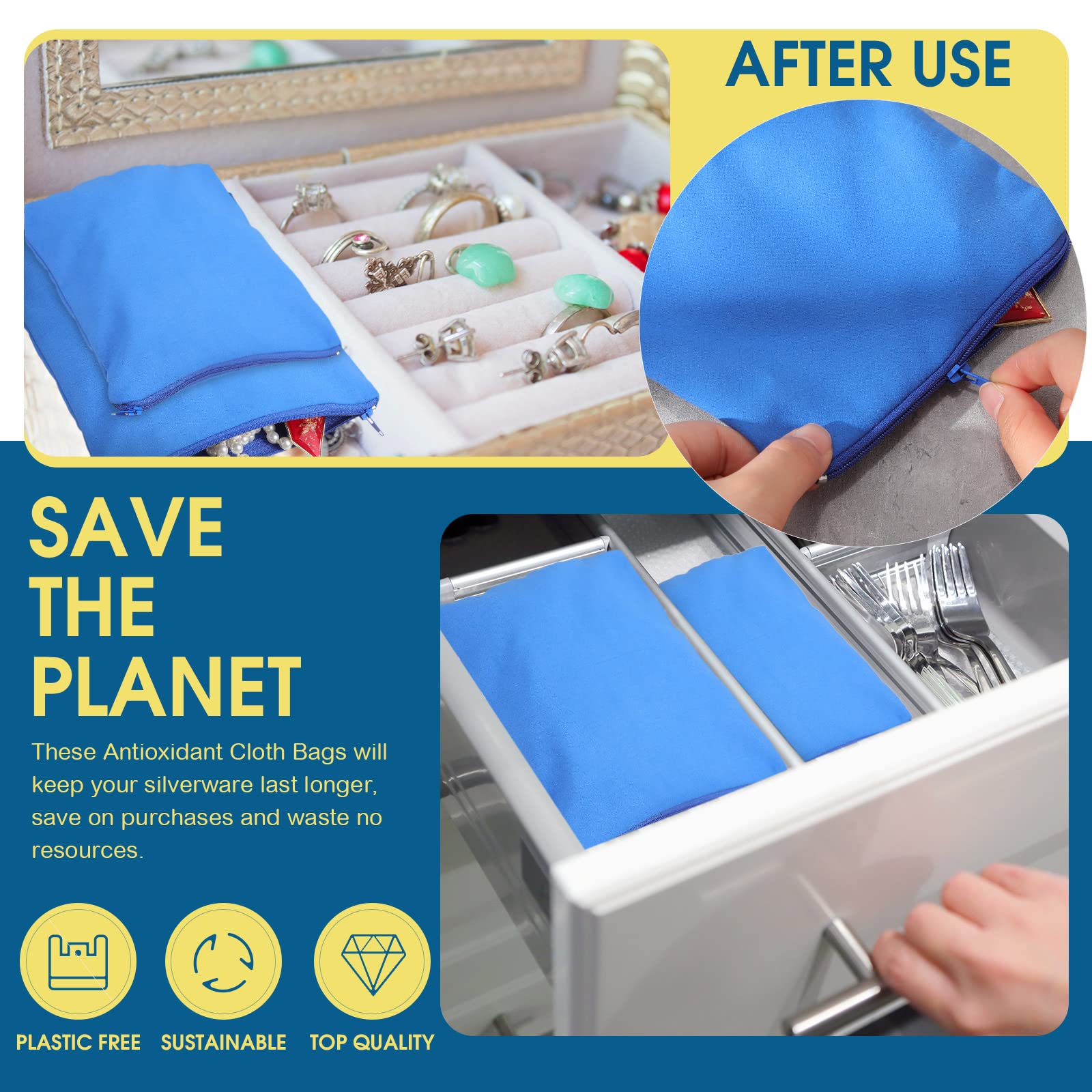 Reginary 12 Pieces Zippered Silver Jewelry Storage Bags Anti Tarnish Silver Protection Bags Jewelry Tarnish Prevention Cloth Pouches for Jewelry Necklace Bracelet Earrings