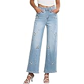 Sidefeel Women's Straight Leg Embroidered Jeans High Waisted Stretchy Wide Leg Denim Pants
